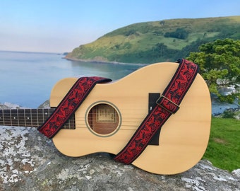 Handmade Irish Celtic Beast Red Hemp Guitar Strap by VTAR, Made with Brown Vegan Leather & Brass Details (Acoustic, Bass and Electric)