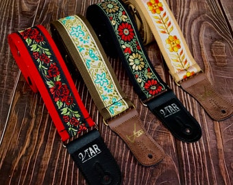 Handmade 60’s Hendrix Style Floral Hippie Hemp Guitar Strap Collection by VTAR, Made with Vegan Leather