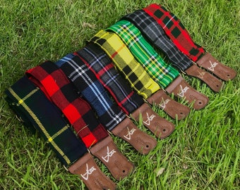 Handmade Scottish Tartan 70's Guitar Strap by VTAR with Vegan brown leather ends (8 OF 15)