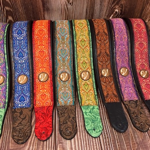 Handmade Retro 60's 70's Luxury Jacquard Psychedelic Guitar Strap by VTAR, Made with Vegan Leather For Acoustic, Bass and Electric