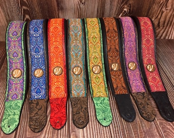 Handmade Retro 60's 70's Luxury Jacquard Psychedelic Guitar Strap by VTAR, Made with Vegan Leather For Acoustic, Bass and Electric