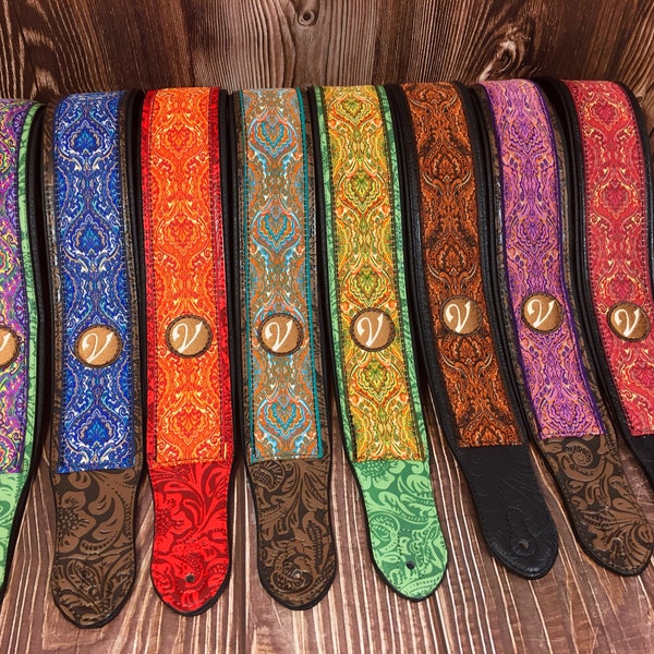 Handmade Retro 60's 70's Luxury Jacquard Psychedelic Guitar Strap by VTAR, Made with Vegan Leather For Acoustic, Bass and Electric