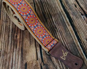 Handmade Orange Blossom Special Floral Psychedelic Hemp Guitar Strap with Brass Details and Brown Vegan Leather by VTAR