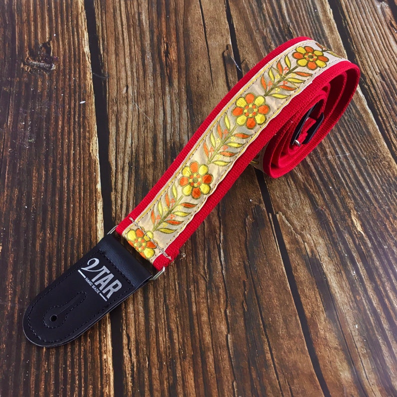 Handmade 60's Jimi Hendrix Style Floral Hippie Guitar Strap by VTAR, Made with Vegan Leather and Red Hemp For Acoustic, Bass and Electric image 1