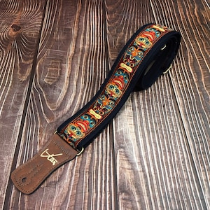 Handmade Brown Totem Pole 60’s 70’s Indigenous Inspired Retro Guitar Strap by VTAR, Made with Vegan Leather. For Acoustic, Bass and Electric