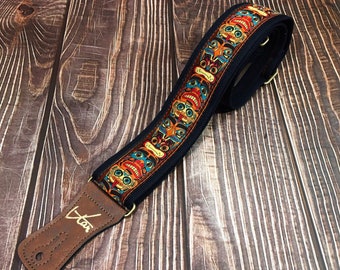 Handmade Brown Totem Pole 60’s 70’s Indigenous Inspired Retro Guitar Strap by VTAR, Made with Vegan Leather. For Acoustic, Bass and Electric