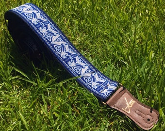 Handmade Irish Celtic Beast Blue Hemp Guitar Strap by VTAR, Made with Brown Vegan Leather & Brass Details Acoustic, Bass and Electric