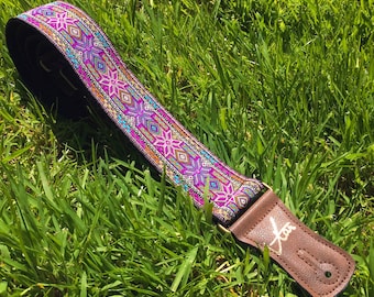 Handmade Purple Haze Psychedelic Hemp Guitar - Bass Strap with Brass Details and Brown Vegan Leather by VTAR