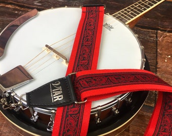 Handmade Irish Celtic Hemp Banjo Strap by VTAR, Made with Vegan Leather. Faux Leather Ends (Red Hemp)