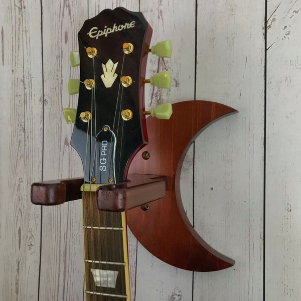 Handmade Brown Wooden Guitar Wall Hanger - Unique Moon Design