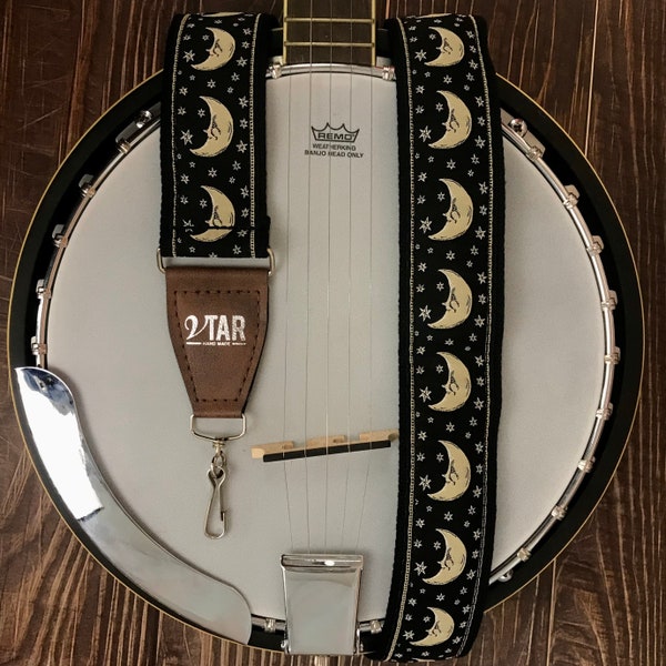 Handmade  Midnight Moon and Star Zodiac Hemp Banjo  Strap by VTAR, Made with Brown Vegan Leather ends