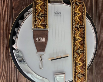 Handmade Brown Irish Celtic Beast Hemp Banjo  Strap by VTAR, Made with Brass Details and Brown Vegan Leather.