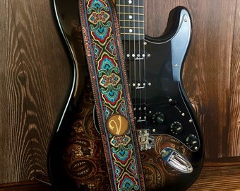 Handmade Psychedelic Blue, Red Gold Jacquard 60s 70s Luxury Hippy Guitar Strap by VTAR, Vegan Leather For Acoustic, Bass and Electric