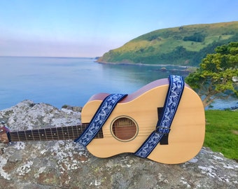 Handmade Irish Celtic Beast Blue Hemp Guitar Strap by VTAR, Made with Brown Vegan Leather & Brass Details (Acoustic, Bass and Electric)