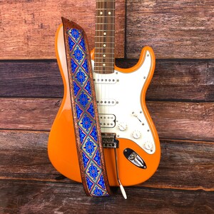 Handmade Blue and Gold Aztec Psychedelic 60's 70's Jacquard Guitar Strap by VTAR, Made with Vegan Leather. For Acoustic, Bass and Electric image 1