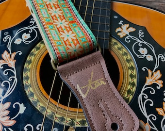 Handmade Hendrix Flower Chain Psychedelic Hemp Guitar - Bass Strap with Brass Details and Vegan Leather by VTAR