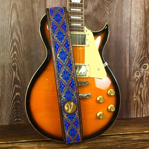 Handmade Psychedelic Blue and Gold Aztec 60s 70s Psychedelic Guitar Strap by VTAR, Vegan Leather For Acoustic, Bass and Electric