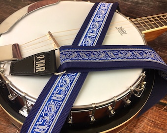 Handmade Irish Celtic Hemp Banjo Strap by VTAR, Made with Vegan Leather. Faux Leather Ends (Blue Hemp)