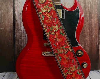 Handmade Crossroads 60’s 70’s Guitar Strap by VTAR, Made with Vegan Leather - Ruby Tuesday