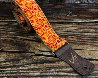 Handmade Orange Mod 60’s 70’s Retro Guitar Strap by VTAR, Made with Vegan Leather. For Acoustic, Bass and Electric