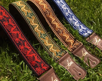 Handmade Irish Celtic Beast Hemp Guitar Strap by VTAR, Made with Brass Details and Brown Vegan Leather. For Acoustic, Bass and Electric