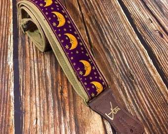 Handmade Psychedelic Midnight Purple Moon Starry Retro Guitar Strap by VTAR Made with Vegan Brown Leather For Acoustic, Bass and Electric