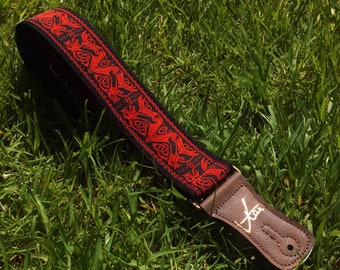 Handmade Irish Celtic Beast Red Hemp Guitar Strap by VTAR, Made with Brown Vegan Leather & Brass Details Acoustic, Bass and Electric