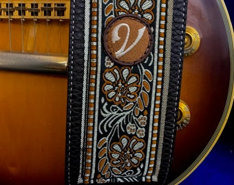 Handmade Crossroads 60’s 70’s Guitar Strap by VTAR, Made with Vegan Leather- Gold Dust