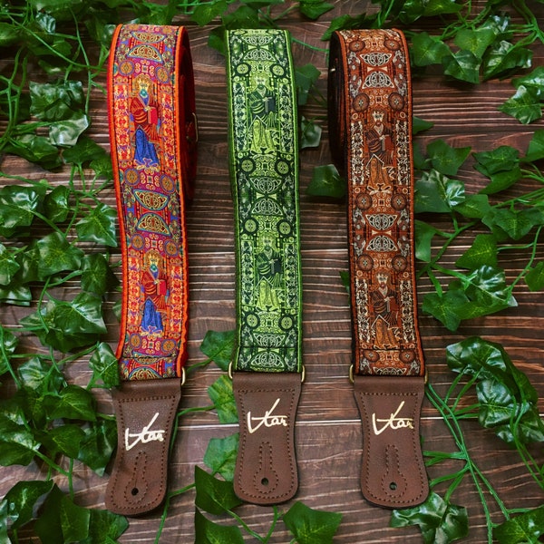 Handmade Irish Celtic Book Of Kells Hemp Guitar Strap by VTAR, with Brass Details and Brown Vegan Leather. For Acoustic, Bass and Electric