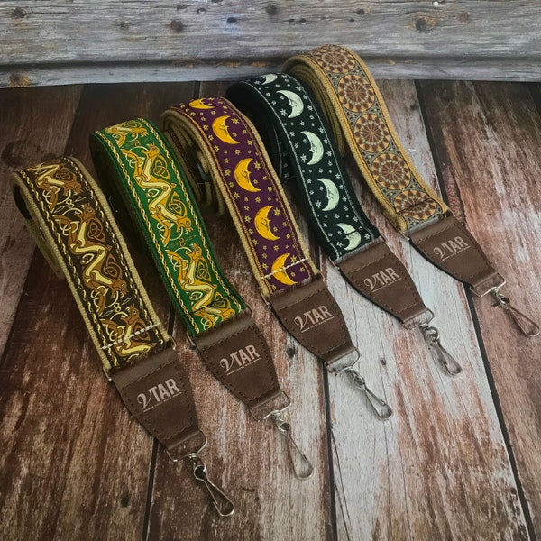 Handmade Hemp Banjo Strap by VTAR with Unique Designs, Made with Brass Details and Brown Vegan Leather - 5 Designs