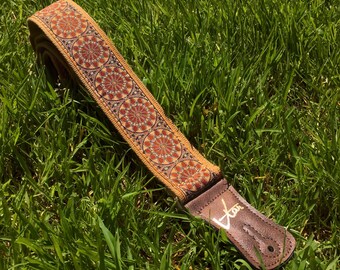 Handmade Natural Brown Floral Psychedelic Hemp Guitar - Bass Strap with Brass Details and Brown Vegan Leather by VTAR