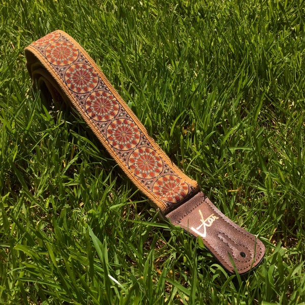 Handmade Natural Brown Floral Psychedelic Hemp Guitar - Bass Strap with Brass Details and Brown Vegan Leather by VTAR