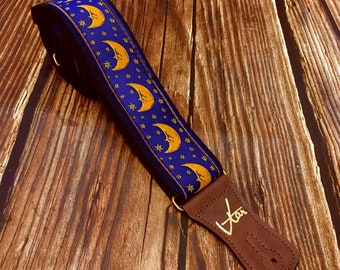 Handmade Psychedelic Midnight Blue Moon Starry Retro Guitar Strap by VTAR Made with Vegan Leather For Acoustic, Bass and Electric