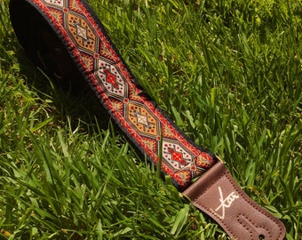 Handmade Spanish Caravan Psychedelic Hemp Guitar - Bass Strap with Brass Details and Brown Vegan Leather by VTAR