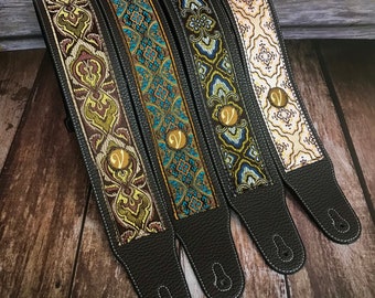 Handmade 60s 70s Inspired Luxury Guitar Strap by VTAR, The Monterey Collection - Made with Vegan Leather. For Acoustic, Bass and Electric