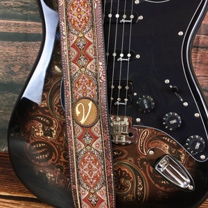Handmade Psychedelic 60s Lilac and Gold Renaissance Jacquard Guitar Strap by VTAR Made with Vegan Leather For Acoustic, Bass and Electric