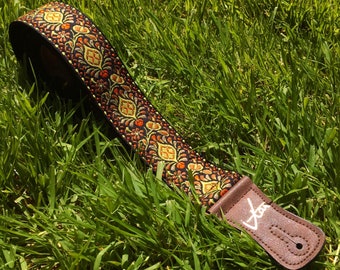 Handmade Brown Sugar Psychedelic Hemp Guitar - Bass Strap with Brass Details and Brown Vegan Leather by VTAR