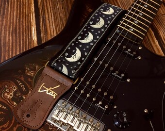 Handmade Psychedelic Midnight Black Moon Starry Retro Guitar Strap by VTAR Made with Vegan Brown Leather For Acoustic, Bass and Electric