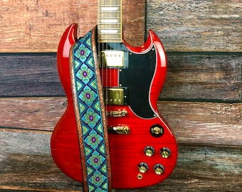 Handmade Teal and Purple Psychedelic Floral 60's 70's Guitar Strap by VTAR, Made with Vegan Leather. For Acoustic, Bass and Electric