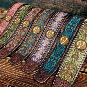 Handmade Psychedelic 60's 70's Luxury Jacquard Renaissance Guitar Strap by VTAR, Made with Vegan Leather. For Acoustic, Bass and Electric