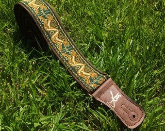Handmade Irish Celtic Beast Green Hemp Guitar Strap by VTAR, Made with Brown Vegan Leather & Brass Details Acoustic, Bass and Electric