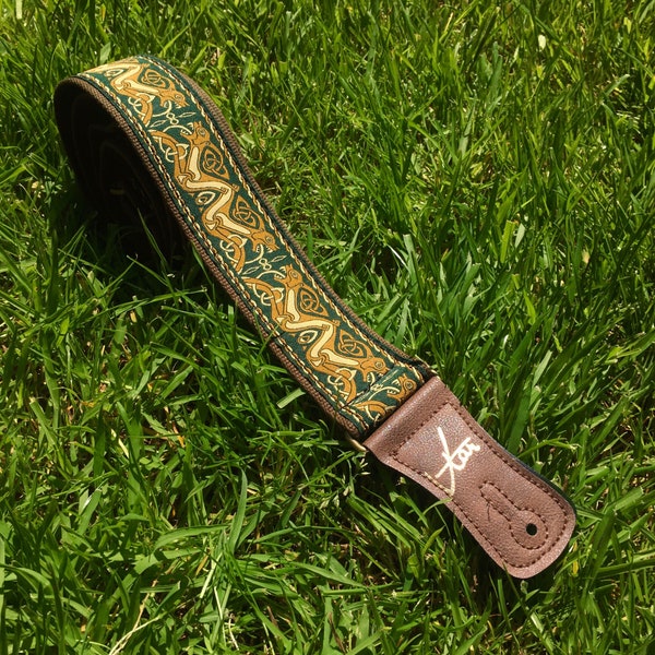 Handmade Irish Celtic Beast Green Hemp Guitar Strap by VTAR, Made with Brown Vegan Leather & Brass Details Acoustic, Bass and Electric