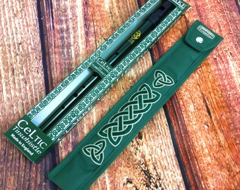 Dark Green Tin Whistle in key of D by Clarke with Handmade Irish Whistle Case by Dannan in Green Vegan Leather with Celtic Embroidery