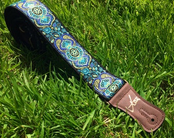 Handmade The Ocean Psychedelic Hemp Guitar - Bass Strap with Brass Details and Brown Vegan Leather by VTAR