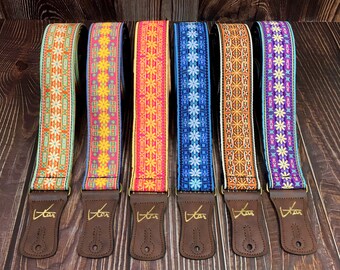 Handmade Colourful Flower Chain Psychedelic Hemp Guitar - Bass Strap with Brass Details and Brown Vegan Leather by VTAR 60s 70s Style