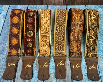 Handmade Brown Cotton Hemp Guitar Strap by VTAR, Made with Brass Details and Brown Vegan Leather: 6 different options