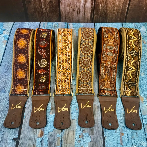 Handmade Brown Cotton Hemp Guitar Strap by VTAR, Made with Brass Details and Brown Vegan Leather: 6 different options