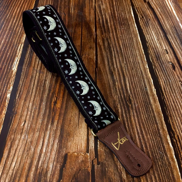 Handmade Psychedelic Midnight Black Moon Starry Retro Guitar Strap by VTAR Made with Vegan Brown Leather For Acoustic, Bass and Electric