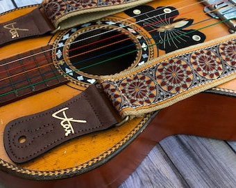 Handmade Natural Brown Floral Psychedelic Hemp Guitar / Bass Strap with Brass Details and Brown Vegan Leather by VTAR