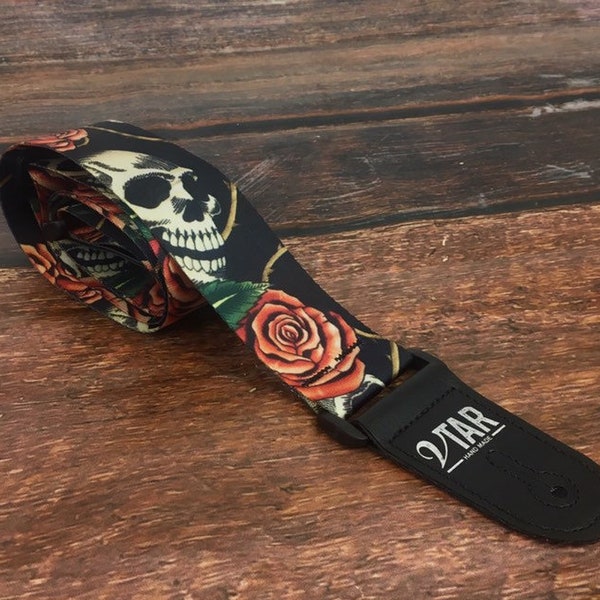 Vtar Vegan Gothic Ghost Skull and Rose Design Acoustic Electric Guitar Strap with Adjustable Length
